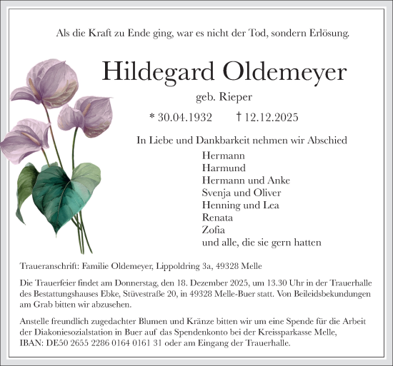 Traueranzeige von Hildegard Oldemeyer von Neue Osnabrücker Zeitung GmbH & Co. KG