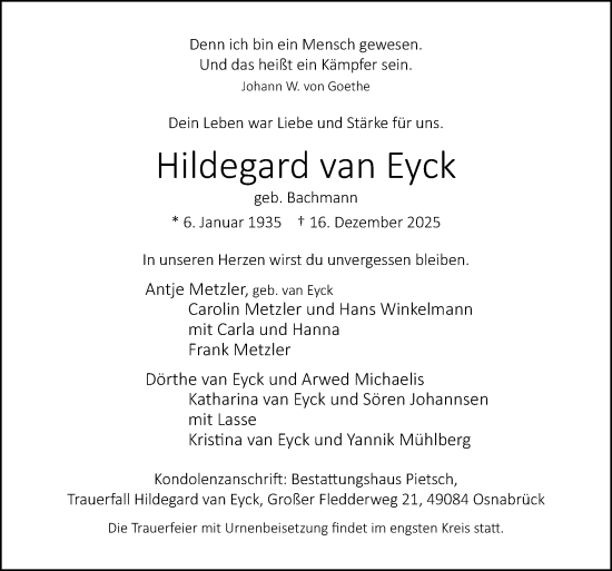 Traueranzeige von Hildegard van Eyck von Neue Osnabrücker Zeitung GmbH & Co. KG