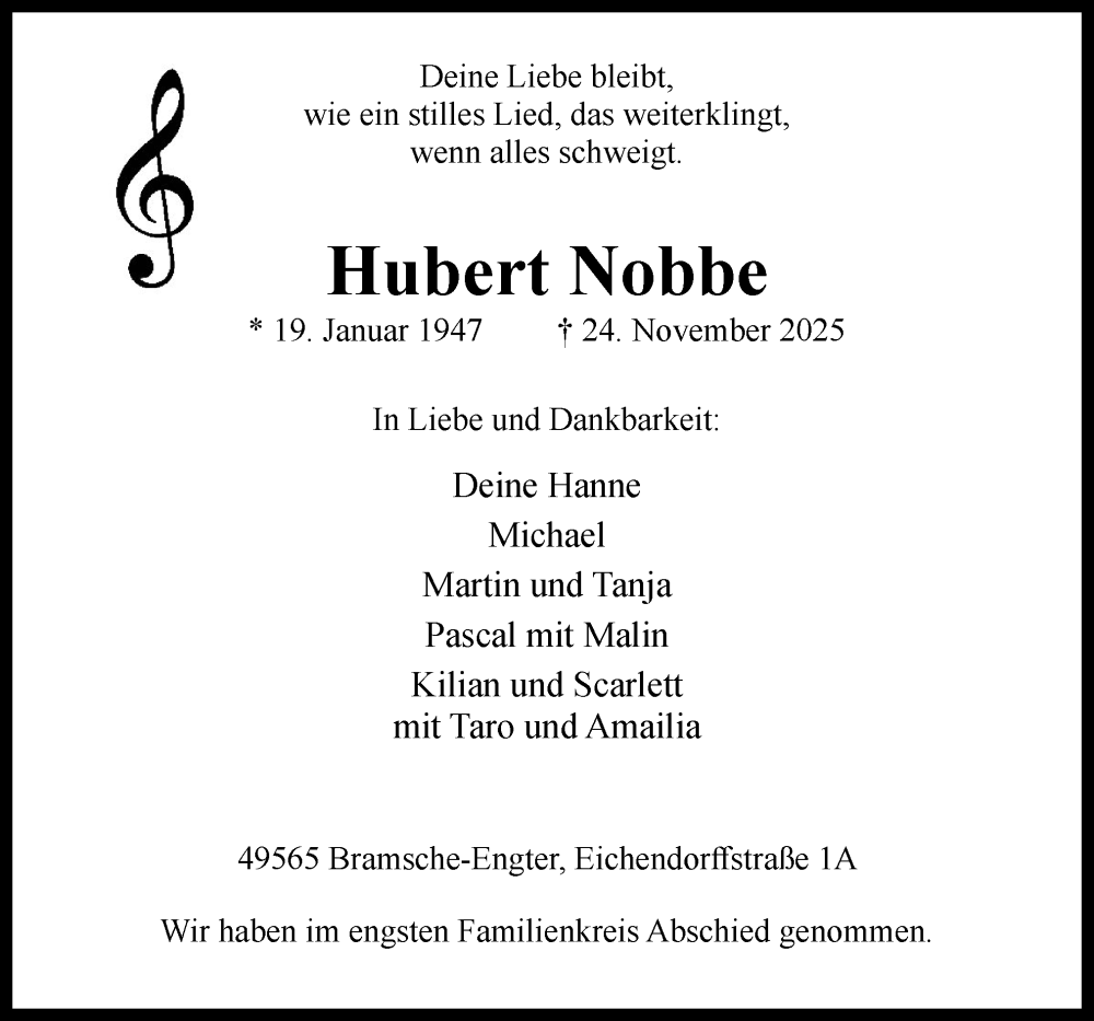  Traueranzeige für Hubert Nobbe vom 06.12.2025 aus Neue Osnabrücker Zeitung GmbH & Co. KG