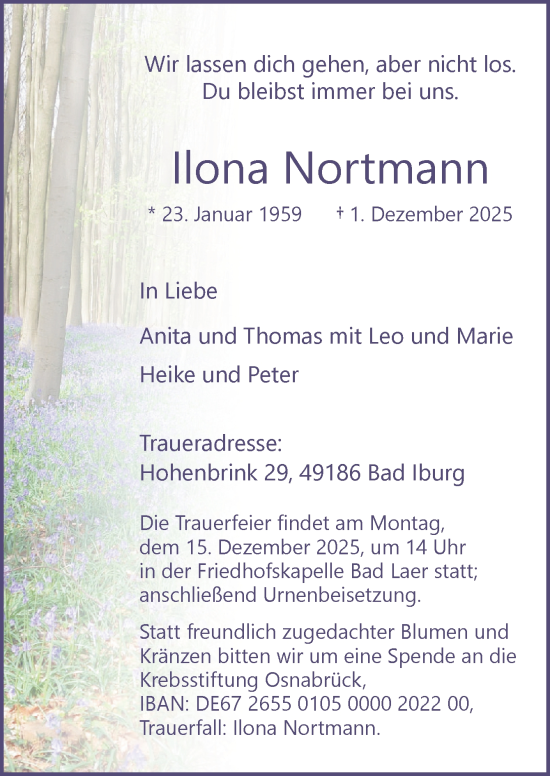 Traueranzeige von Ilona Nortmann von Neue Osnabrücker Zeitung GmbH & Co. KG