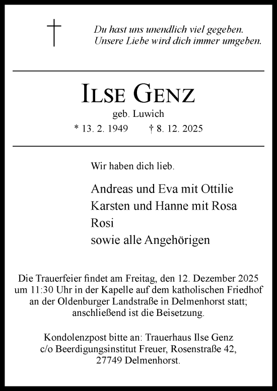 Traueranzeige von Ilse Genz von DK Medien GmbH & Co. KG