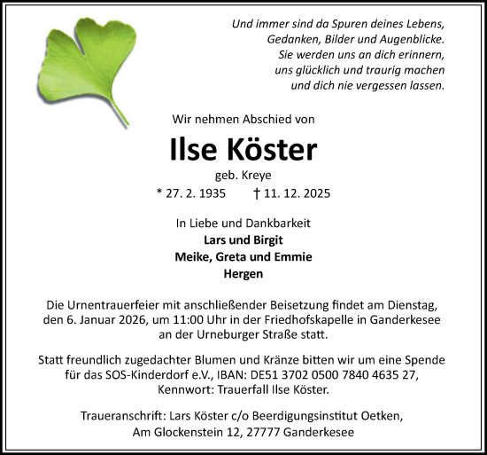 Traueranzeige von Ilse Köster von DK Medien GmbH & Co. KG