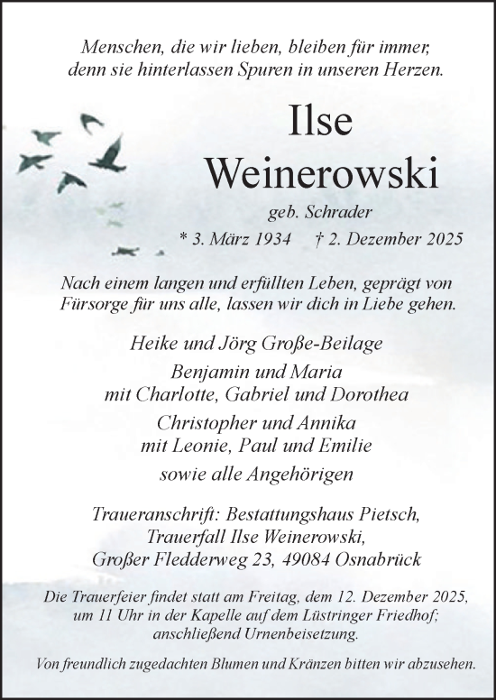 Traueranzeige von Ilse Weinerowski von Neue Osnabrücker Zeitung GmbH & Co. KG