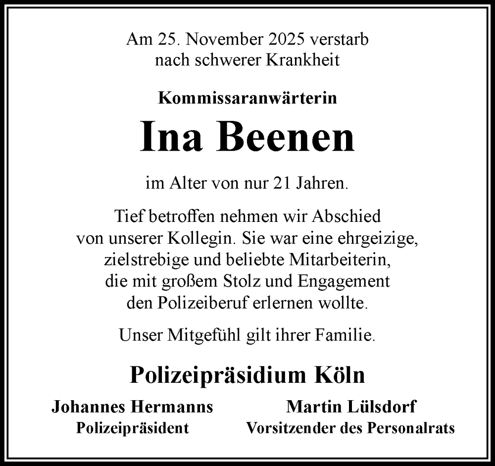  Traueranzeige für Ina Beenen vom 03.12.2025 aus Neue Osnabrücker Zeitung GmbH & Co. KG