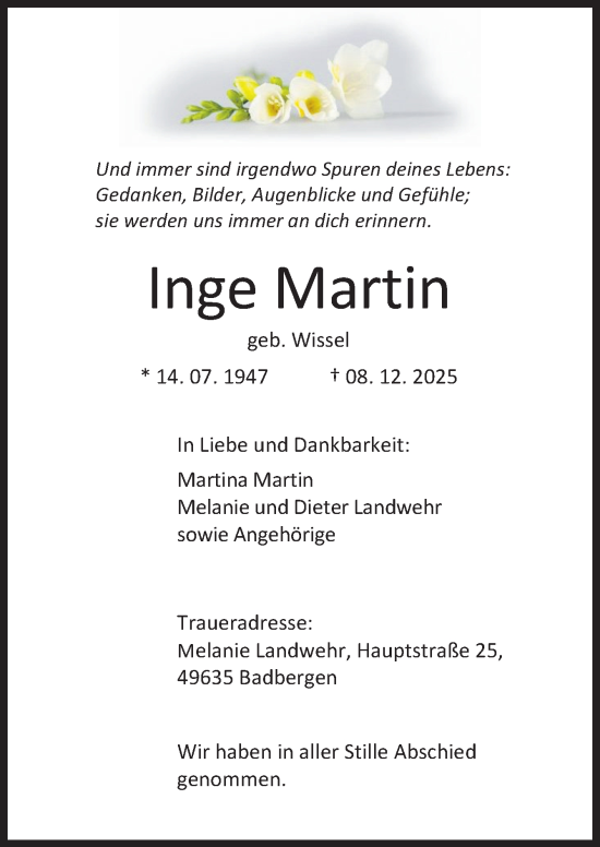 Traueranzeige von Inge Martin von Neue Osnabrücker Zeitung GmbH & Co. KG