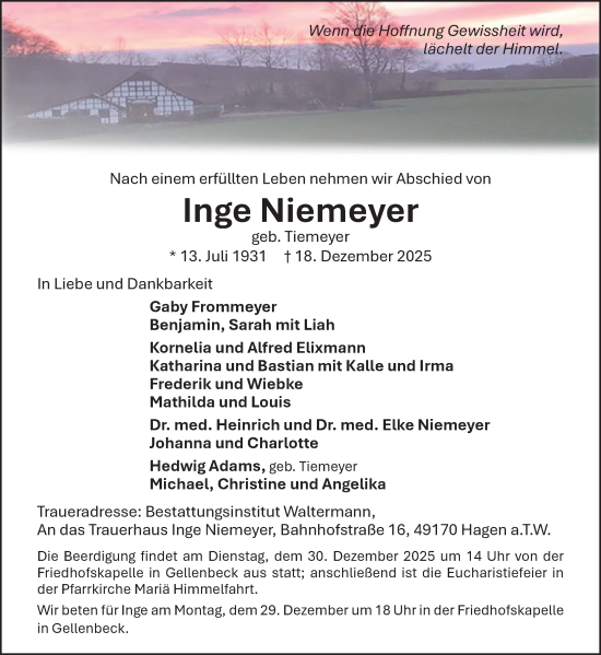 Traueranzeige von Inge Niemeyer von Neue Osnabrücker Zeitung GmbH & Co. KG