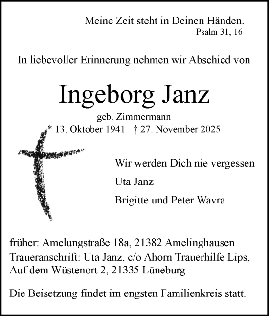 Traueranzeige von Ingeborg Janz von Neue Osnabrücker Zeitung GmbH & Co. KG