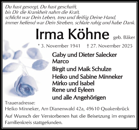Traueranzeige von Irma Köhne von Neue Osnabrücker Zeitung GmbH & Co. KG