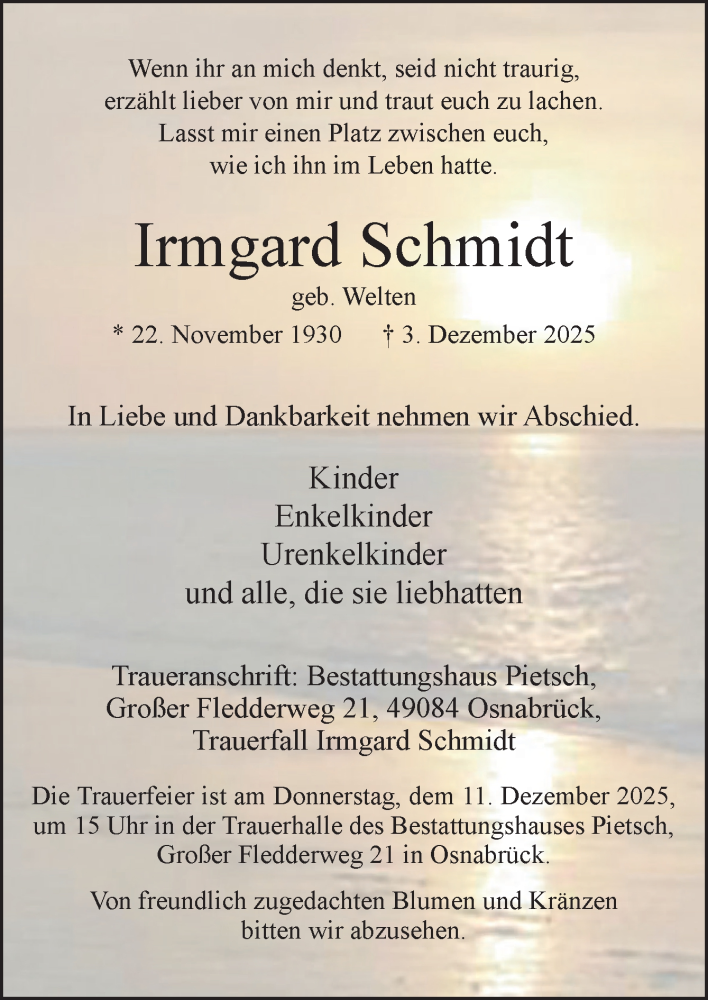  Traueranzeige für Irmgard Schmidt vom 06.12.2025 aus Neue Osnabrücker Zeitung GmbH & Co. KG