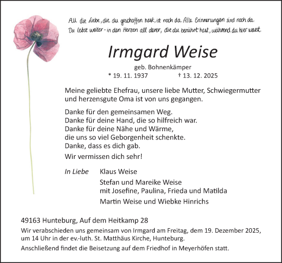 Traueranzeige von Irmgard Weise von Neue Osnabrücker Zeitung GmbH & Co. KG