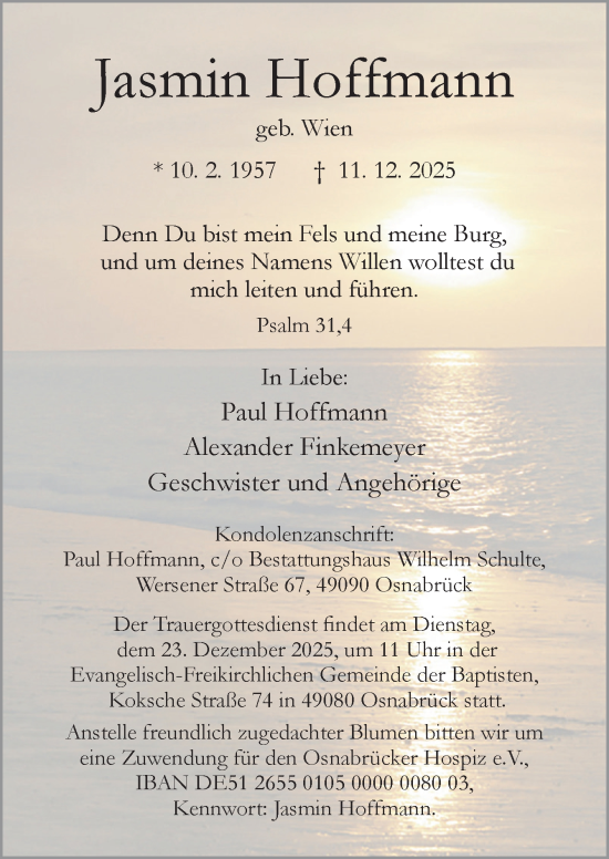 Traueranzeige von Jasmin Hoffmann von Neue Osnabrücker Zeitung GmbH & Co. KG