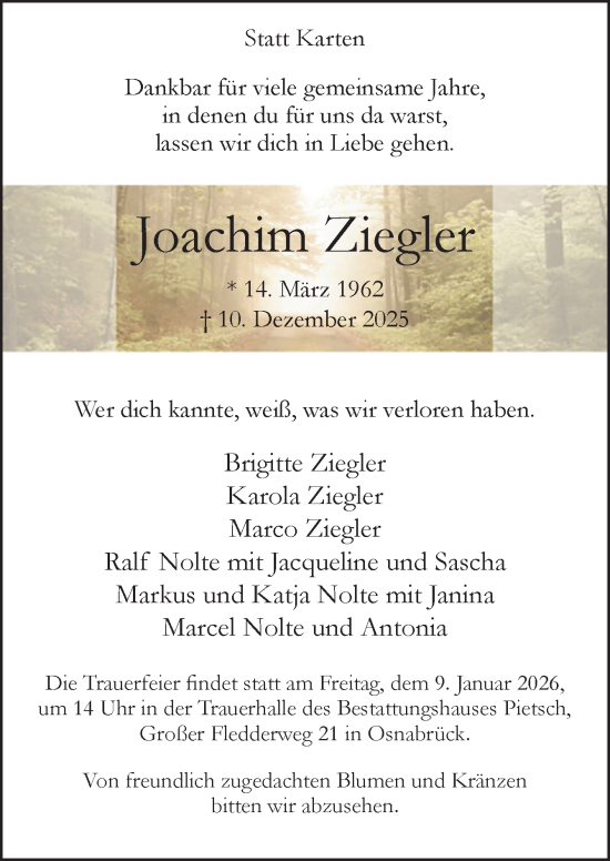 Traueranzeige von Joachim Ziegler von Neue Osnabrücker Zeitung GmbH & Co. KG