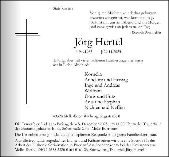 Traueranzeige von Jörg Hertel von Neue Osnabrücker Zeitung GmbH & Co. KG