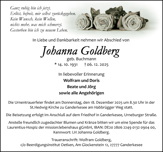 Traueranzeige von Johanna Goldberg von DK Medien GmbH & Co. KG