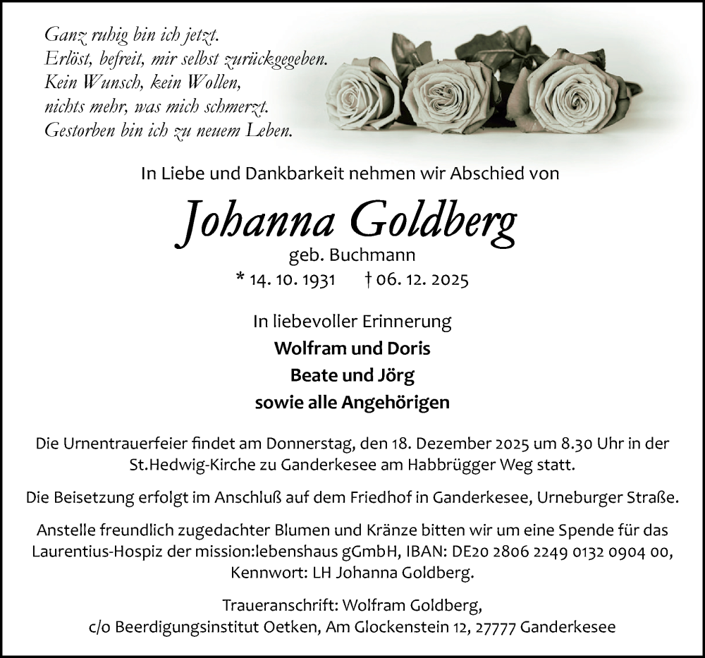  Traueranzeige für Johanna Goldberg vom 13.12.2025 aus DK Medien GmbH & Co. KG