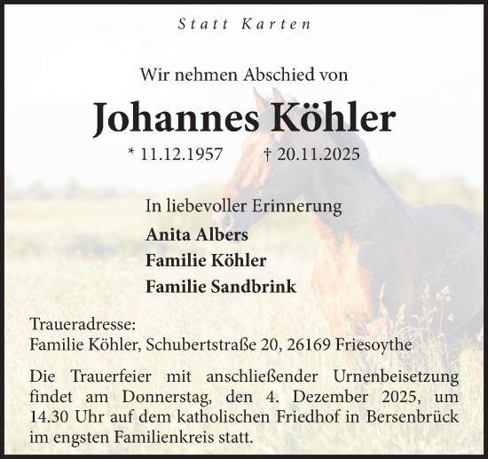 Traueranzeige von Johannes Köhler von Neue Osnabrücker Zeitung GmbH & Co. KG