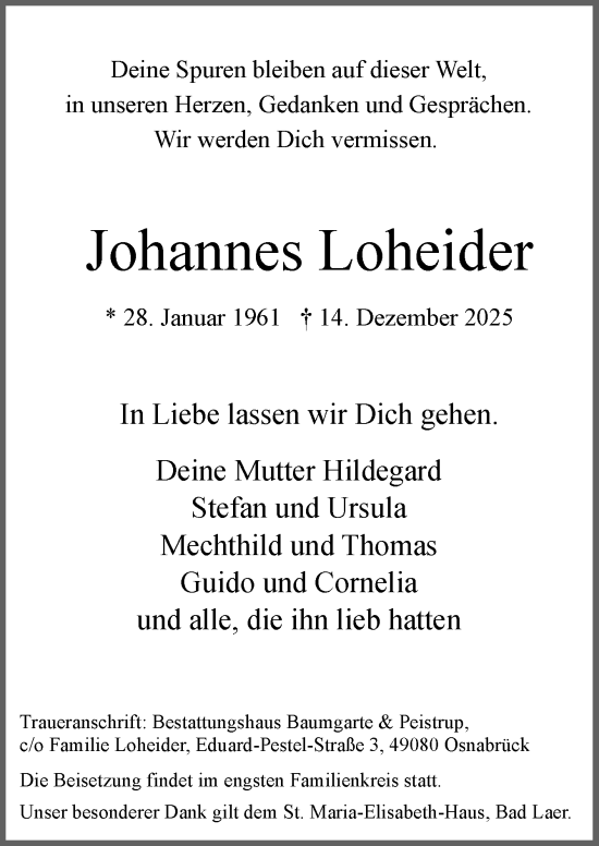 Traueranzeige von Johannes Loheider von Neue Osnabrücker Zeitung GmbH & Co. KG