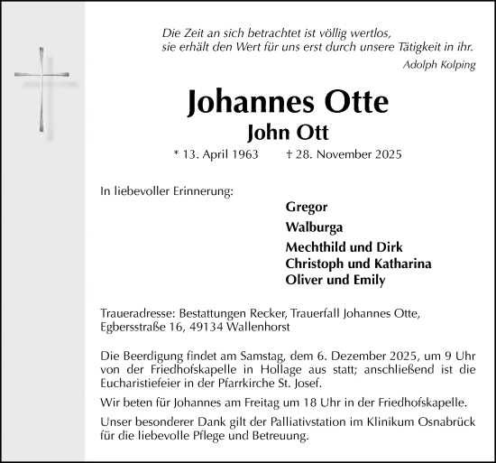 Traueranzeige von Johannes Otte von Neue Osnabrücker Zeitung GmbH & Co. KG