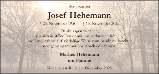 Traueranzeige von Josef Hehemann von Neue Osnabrücker Zeitung GmbH & Co. KG
