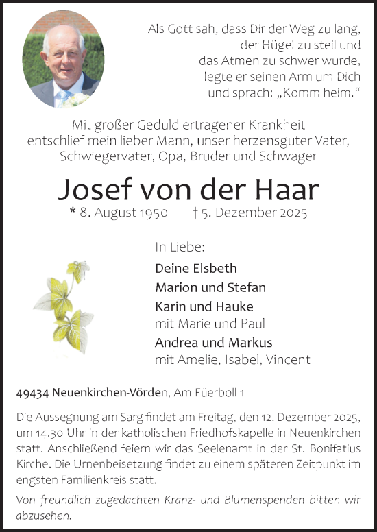 Traueranzeige von Josef von der Haar von Neue Osnabrücker Zeitung GmbH & Co. KG