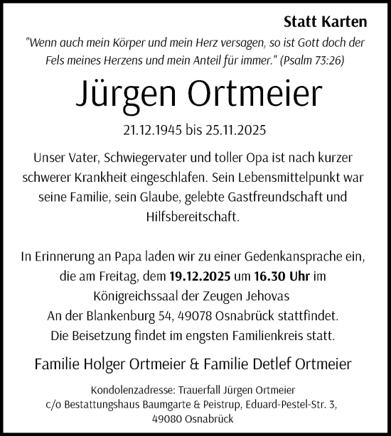 Traueranzeige von Jürgen Ortmeier von Neue Osnabrücker Zeitung GmbH & Co. KG