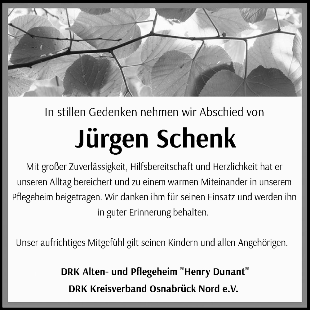  Traueranzeige für Jürgen Schenk vom 03.12.2025 aus Neue Osnabrücker Zeitung GmbH & Co. KG