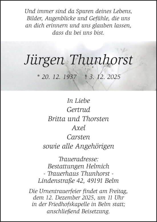 Traueranzeige von Jürgen Thunhorst von Neue Osnabrücker Zeitung GmbH & Co. KG
