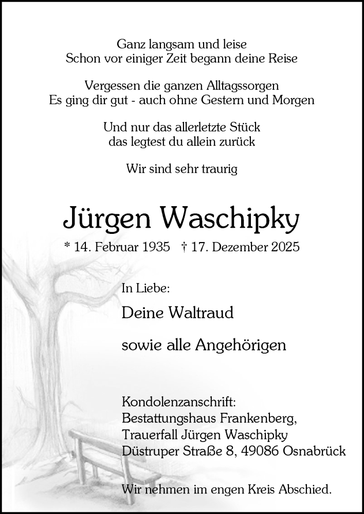  Traueranzeige für Jürgen Waschipky vom 27.12.2025 aus Neue Osnabrücker Zeitung GmbH & Co. KG