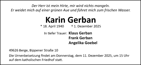 Traueranzeige von Karin Gerban von Neue Osnabrücker Zeitung GmbH & Co. KG