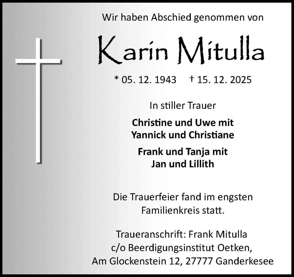  Traueranzeige für Karin Mitulla vom 27.12.2025 aus DK Medien GmbH & Co. KG