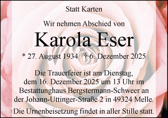 Traueranzeige von Karola Eser von Neue Osnabrücker Zeitung GmbH & Co. KG