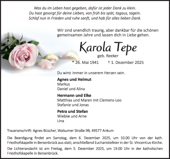 Traueranzeige von Karola Tepe von Neue Osnabrücker Zeitung GmbH & Co. KG