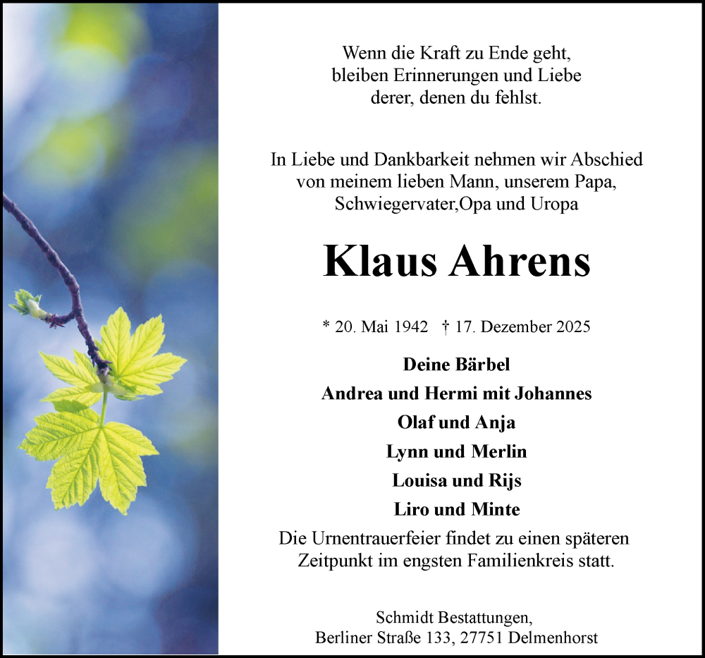  Traueranzeige für Klaus Ahrens vom 27.12.2025 aus DK Medien GmbH & Co. KG
