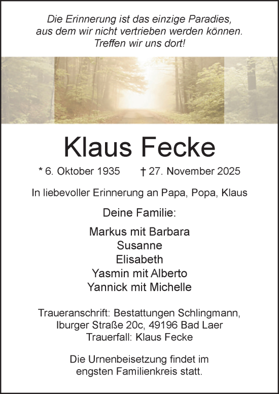 Traueranzeige von Klaus Fecke von Neue Osnabrücker Zeitung GmbH & Co. KG
