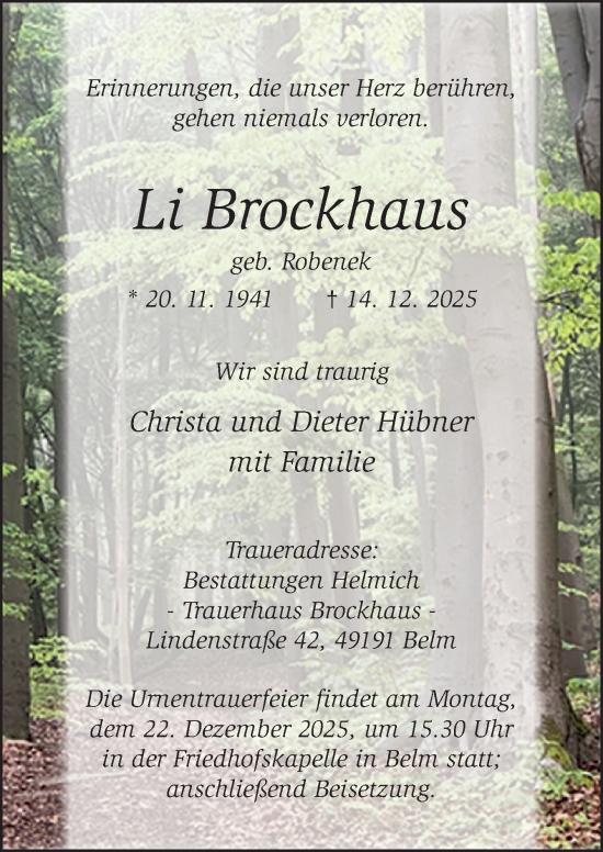 Traueranzeige von Li Brockhaus von Neue Osnabrücker Zeitung GmbH & Co. KG
