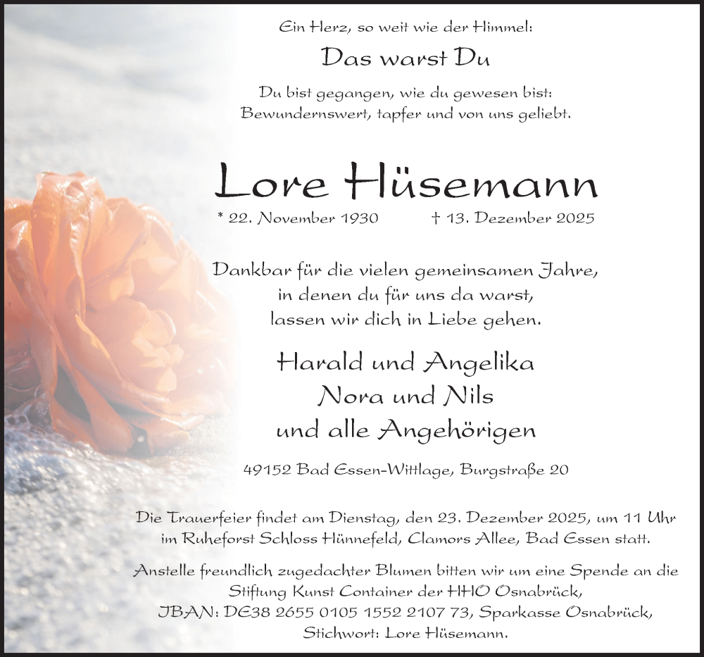  Traueranzeige für Lore Hüsemann vom 18.12.2025 aus Neue Osnabrücker Zeitung GmbH & Co. KG