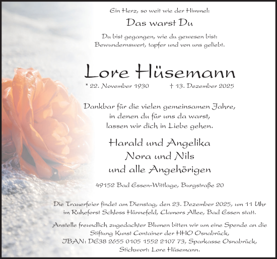 Traueranzeige von Lore Hüsemann von Neue Osnabrücker Zeitung GmbH & Co. KG