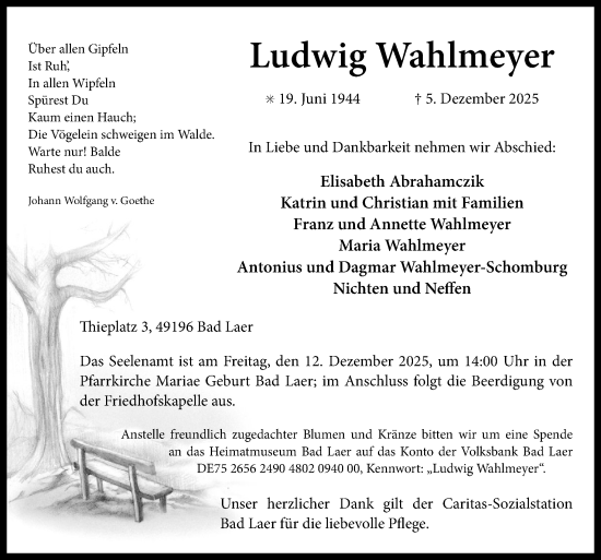 Traueranzeige von Ludwig Wahlmeyer von Neue Osnabrücker Zeitung GmbH & Co. KG