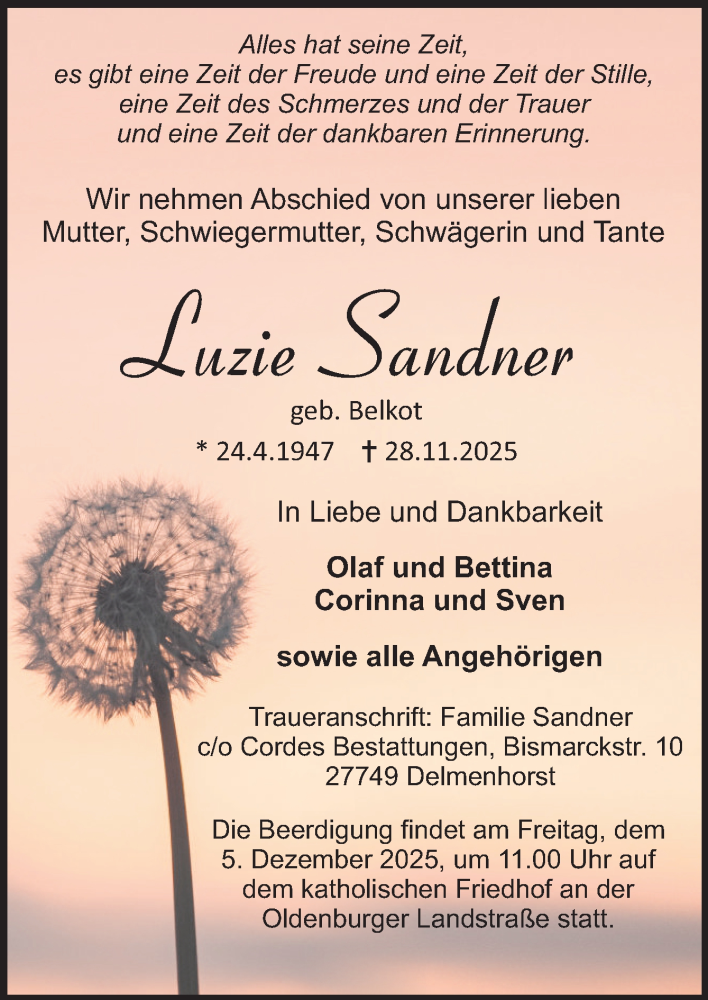  Traueranzeige für Luzie Sandner vom 02.12.2025 aus DK Medien GmbH & Co. KG