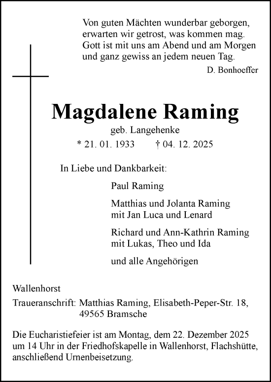 Traueranzeige von Magdalene Raming von Neue Osnabrücker Zeitung GmbH & Co. KG