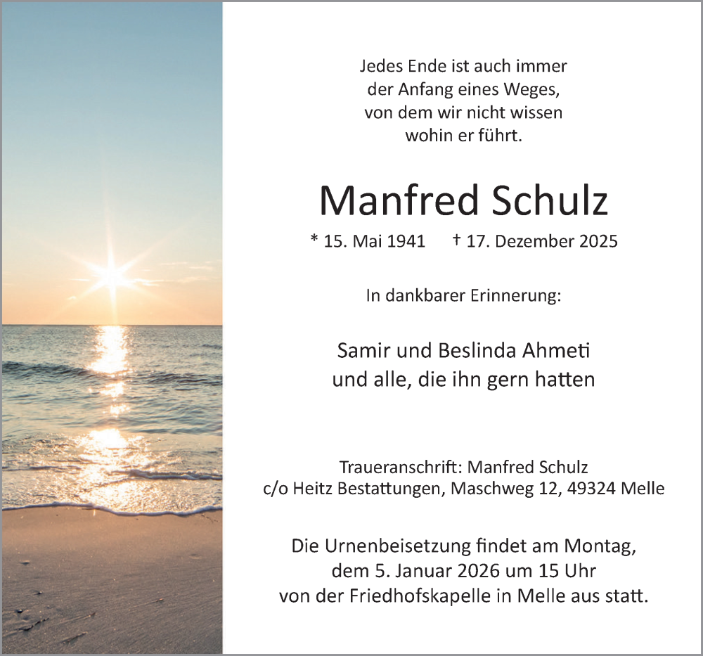  Traueranzeige für Manfred Schulz vom 27.12.2025 aus Neue Osnabrücker Zeitung GmbH & Co. KG