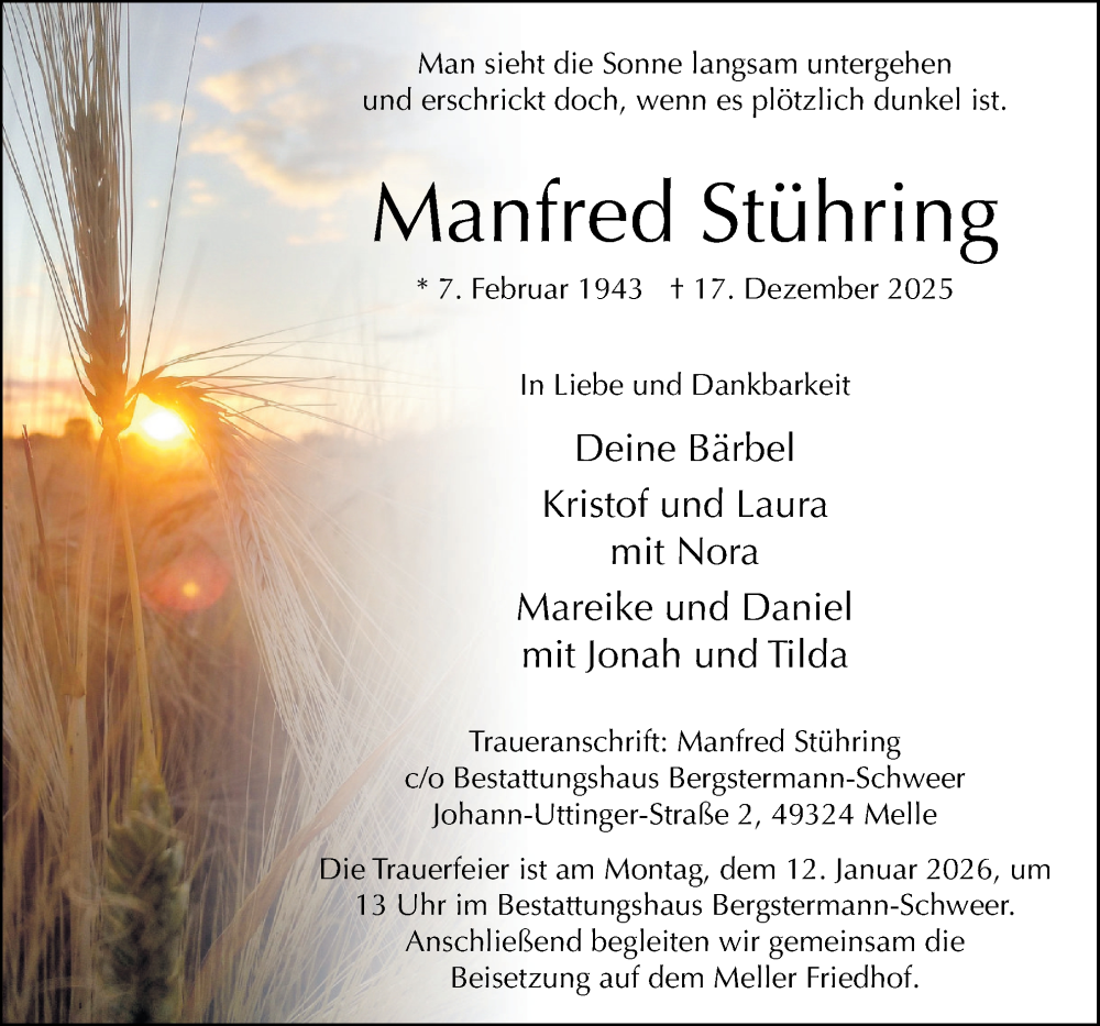  Traueranzeige für Manfred Stühring vom 27.12.2025 aus Neue Osnabrücker Zeitung GmbH & Co. KG