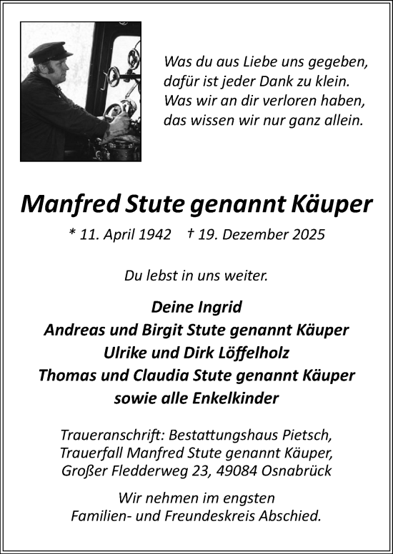 Traueranzeige von Manfred Stute genannt Käuper von Neue Osnabrücker Zeitung GmbH & Co. KG