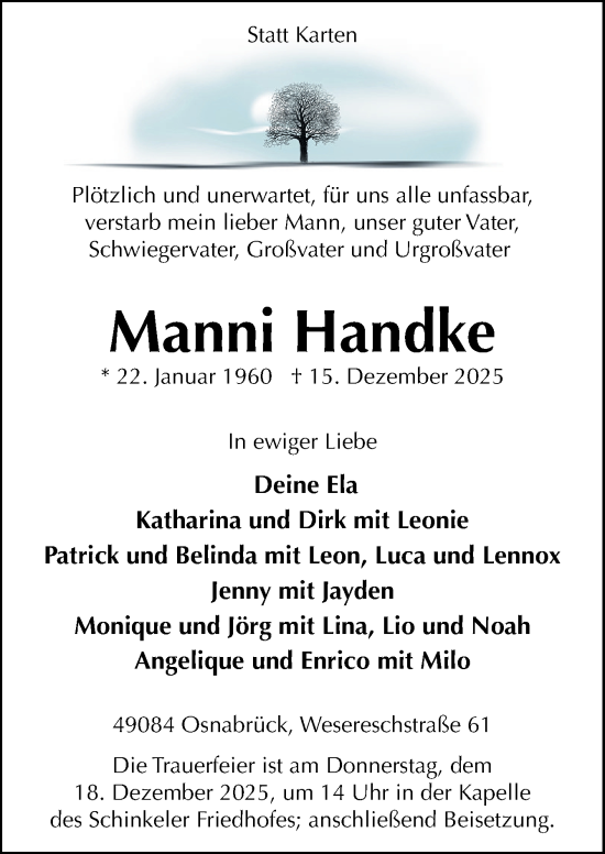 Traueranzeige von Manni Handke von Neue Osnabrücker Zeitung GmbH & Co. KG