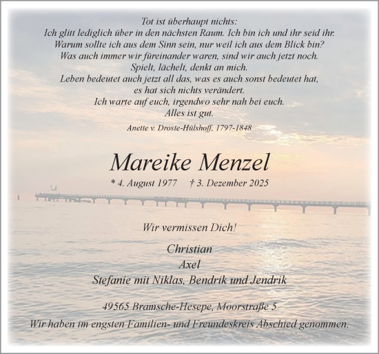 Traueranzeige von Mareike Menzel von Neue Osnabrücker Zeitung GmbH & Co. KG