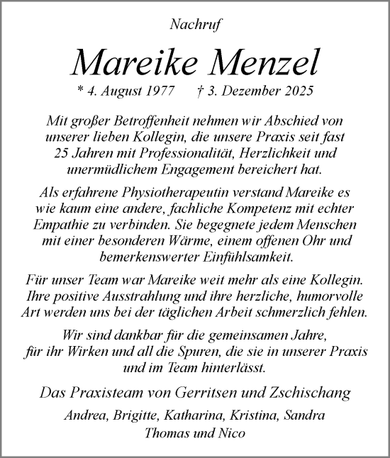 Traueranzeige von Mareike Menzel von Neue Osnabrücker Zeitung GmbH & Co. KG