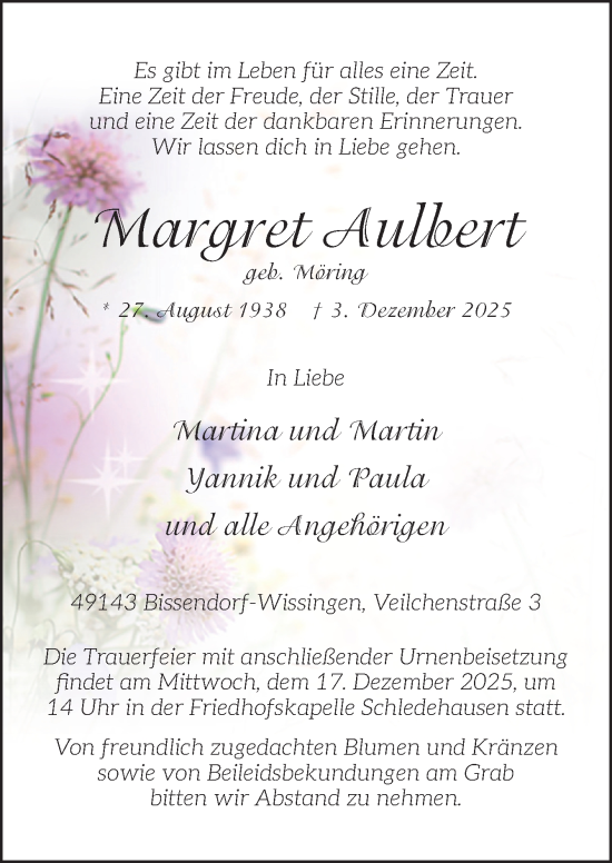 Traueranzeige von Margret Aulbert von Neue Osnabrücker Zeitung GmbH & Co. KG
