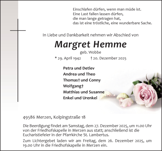 Traueranzeige von Margret Hemme von Neue Osnabrücker Zeitung GmbH & Co. KG