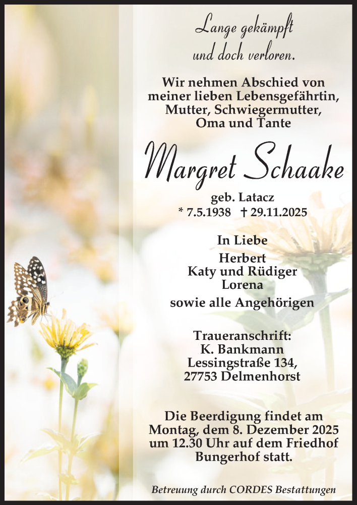  Traueranzeige für Margret Schaake vom 06.12.2025 aus DK Medien GmbH & Co. KG