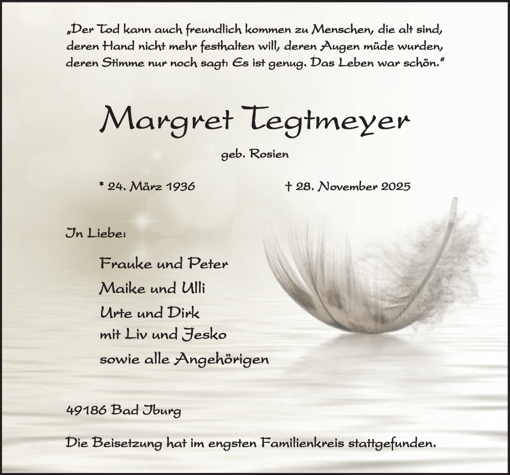  Traueranzeige für Margret Tegtmeyer vom 06.12.2025 aus Neue Osnabrücker Zeitung GmbH & Co. KG